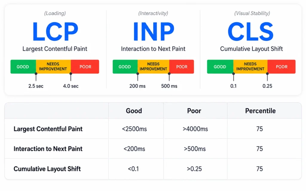 Core Web Vitals thresholds for LCP, INP and CLS showing good, needs improvement and poor performance ranges