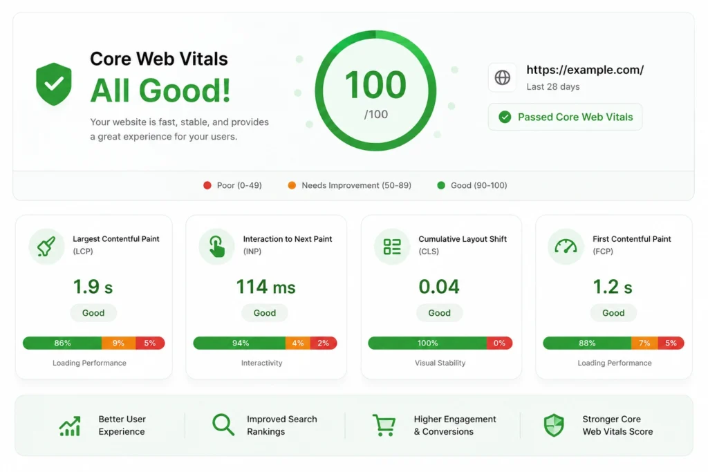 Core Web Vitals optimization dashboard showing good LCP, INP, CLS and FCP scores for an ecommerce website